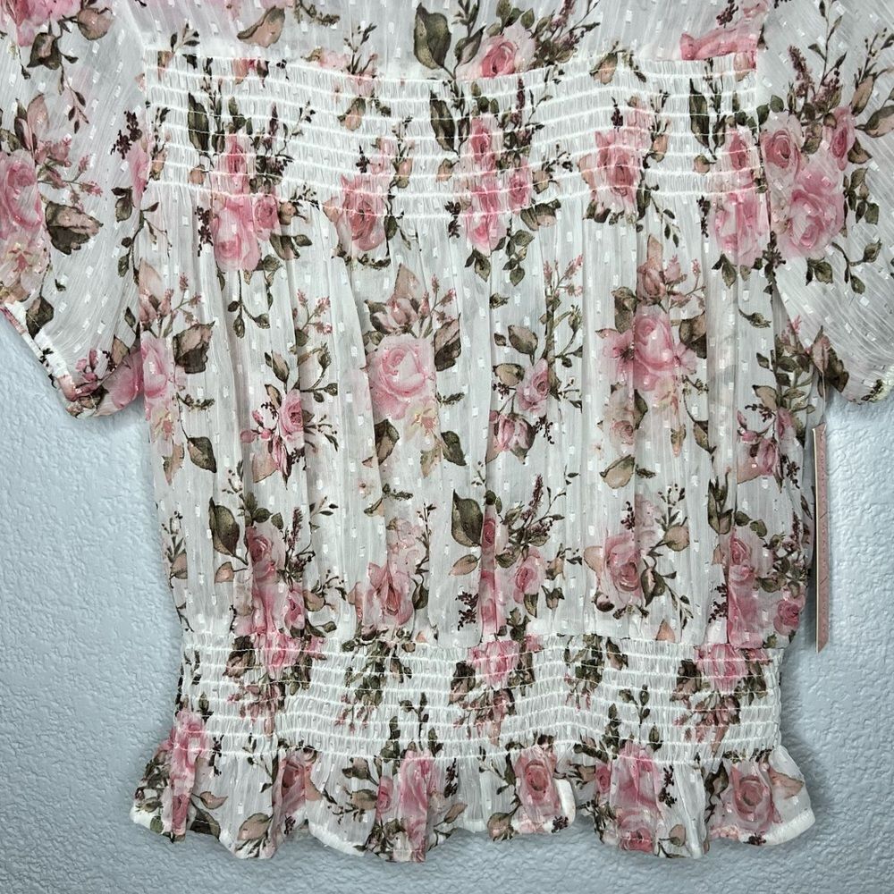 New Almost Famous White Floral Print Gossy Short Sleeve Cottagecore Blouse Sz S - Picture 5 of 11